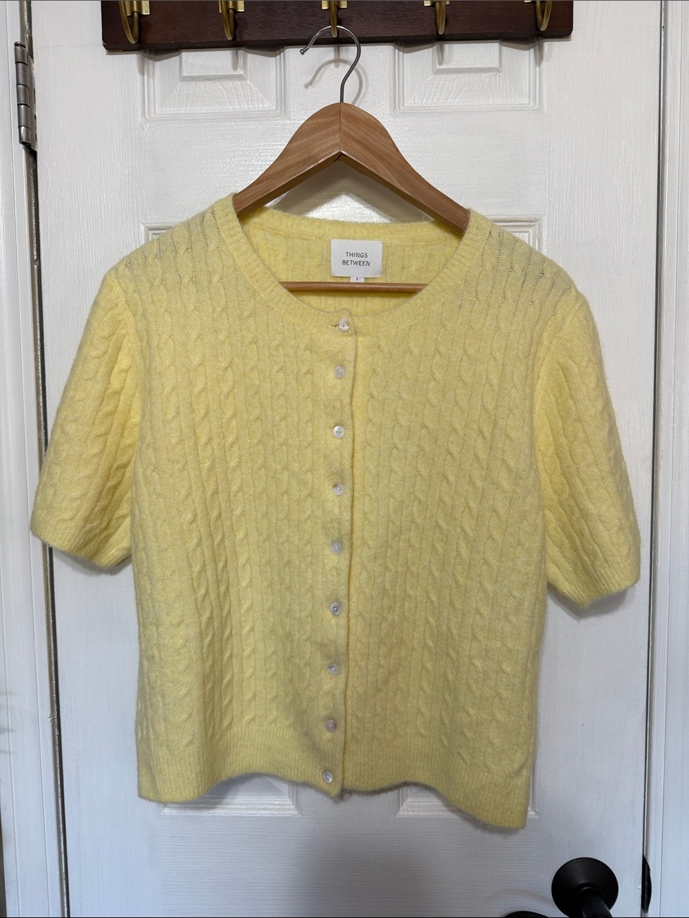 Things Between Yellow Cable-Knit Short Sleeve Cardigan Sweater Large C 21” L 20”